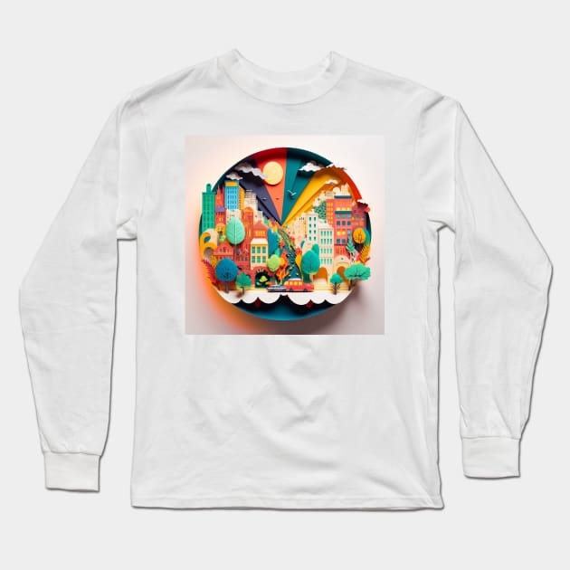 3D Effect Papercut Art - Cityscape Scene Long Sleeve T-Shirt by TheArtfulAI